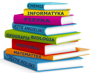 Ułożone jedna na drugiej kolorowe książki z tytułami - nazwami przedmiotów szkolnych.